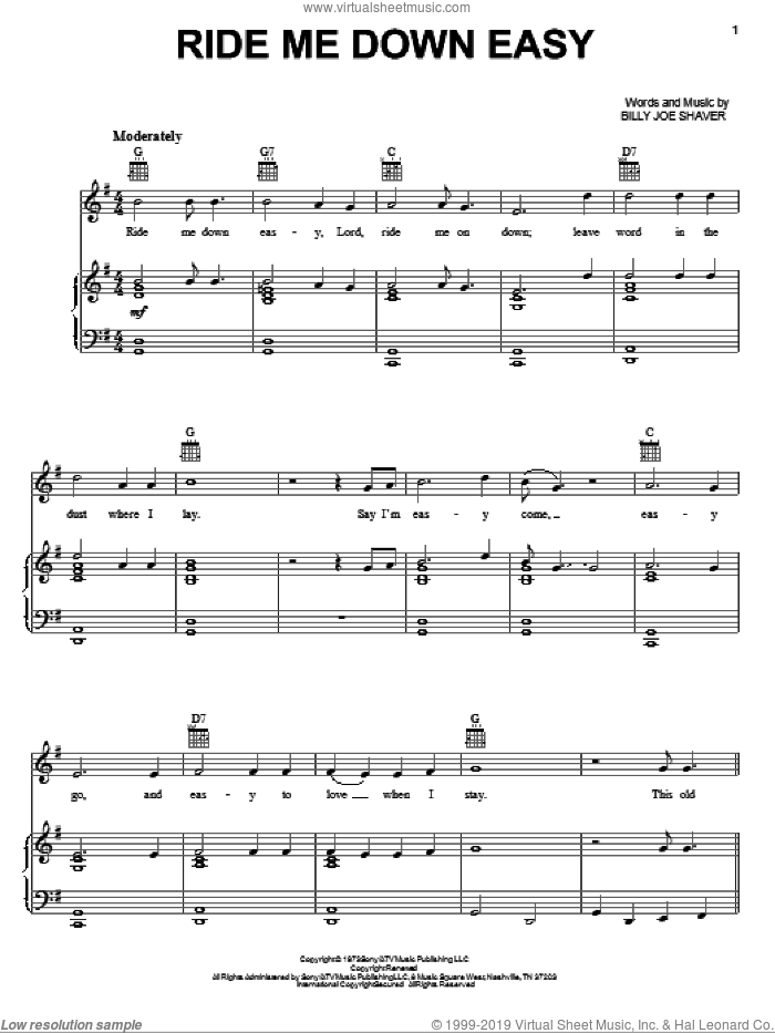 Ride Me Down Easy sheet music for voice, piano or guitar by Waylon Jennings and Billy Joe Shaver, intermediate skill level