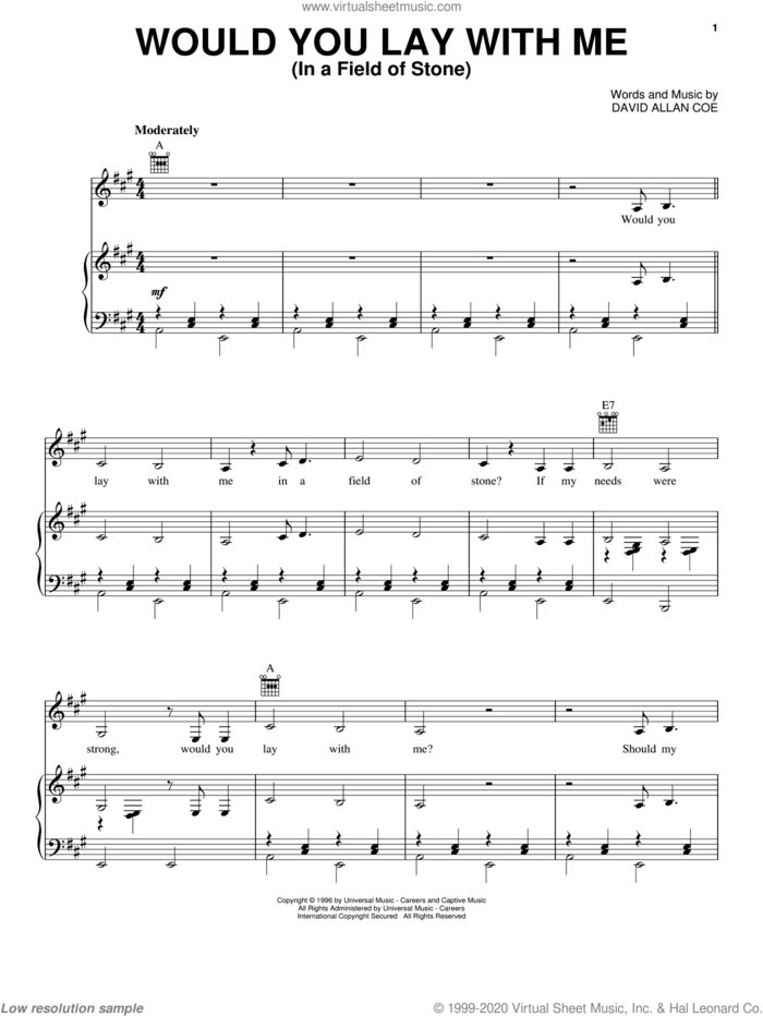 Would You Lay With Me (In A Field Of Stone) sheet music for voice, piano or guitar by Tanya Tucker and David Allan Coe, intermediate skill level