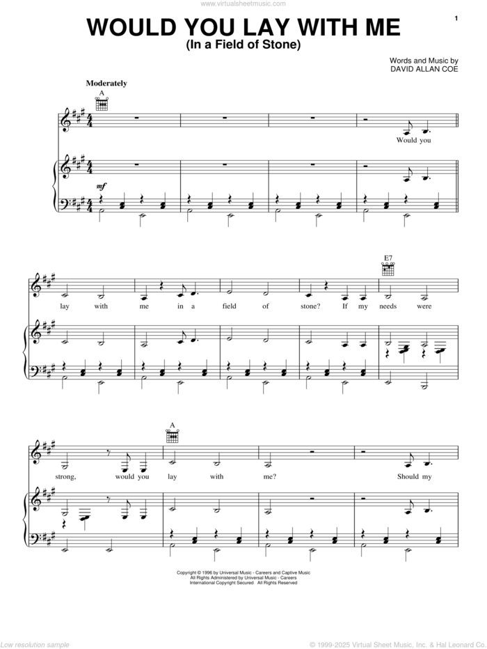 Would You Lay With Me (In A Field Of Stone) sheet music for voice, piano or guitar by Tanya Tucker and David Allan Coe, intermediate skill level