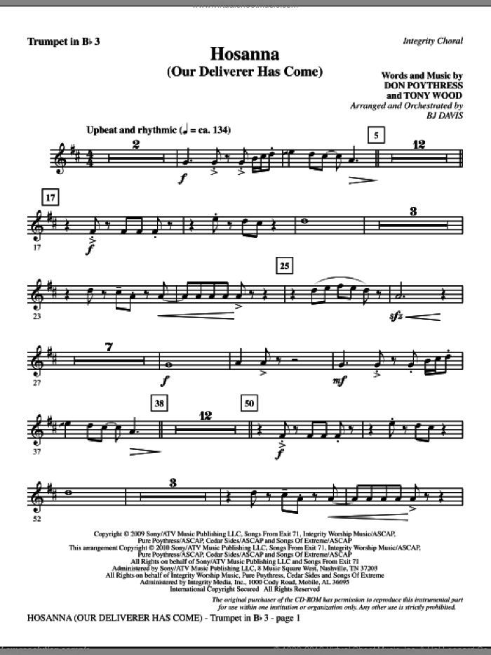 Hosanna (Our Deliverer Has Come) (complete set of parts) sheet music for orchestra/band (Orchestra) by Tony Wood, BJ Davis and Don Poythress, intermediate skill level
