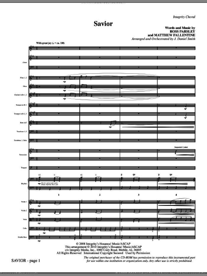 Savior (complete set of parts) sheet music for orchestra/band (Orchestra) by J. Daniel Smith, Matthew Fallentine and Ross Parsley, intermediate skill level