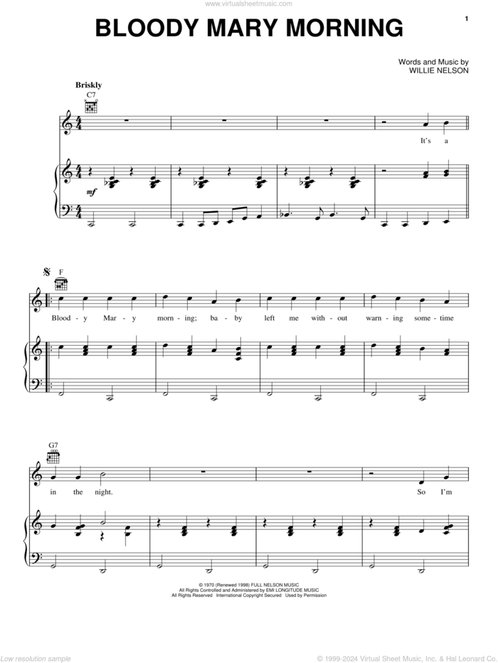 Bloody Mary Morning sheet music for voice, piano or guitar by Willie Nelson, intermediate skill level