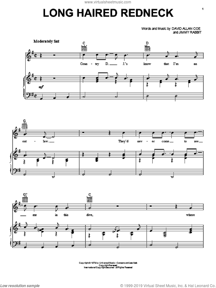 Long Haired Redneck sheet music for voice, piano or guitar by David Allan Coe and Jimmy Rabbit, intermediate skill level