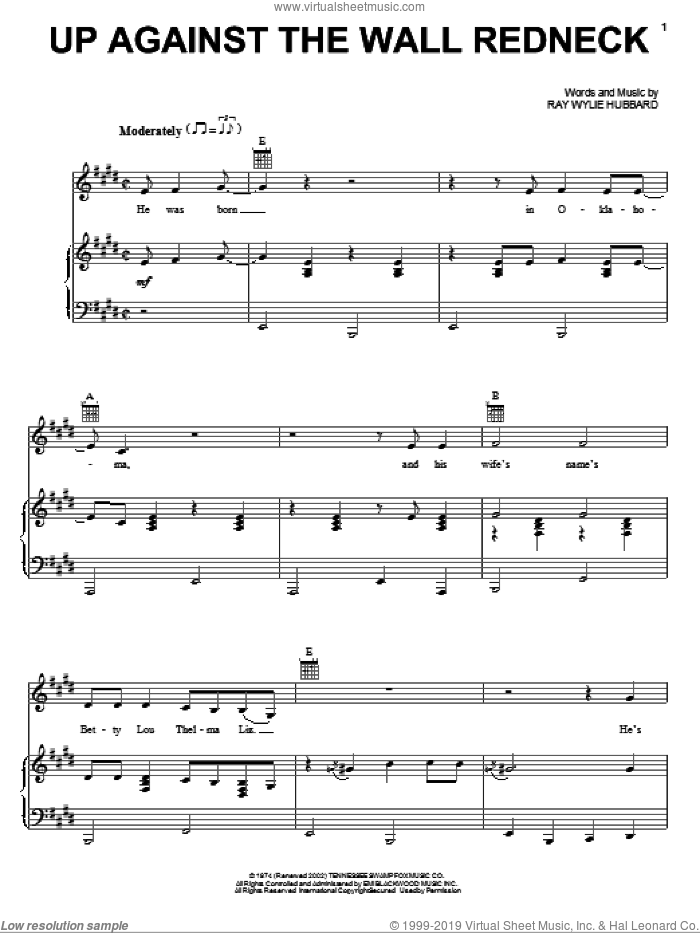Up Against The Wall Redneck sheet music for voice, piano or guitar by Jerry Jeff Walker and Ray Wylie Hubbard, intermediate skill level