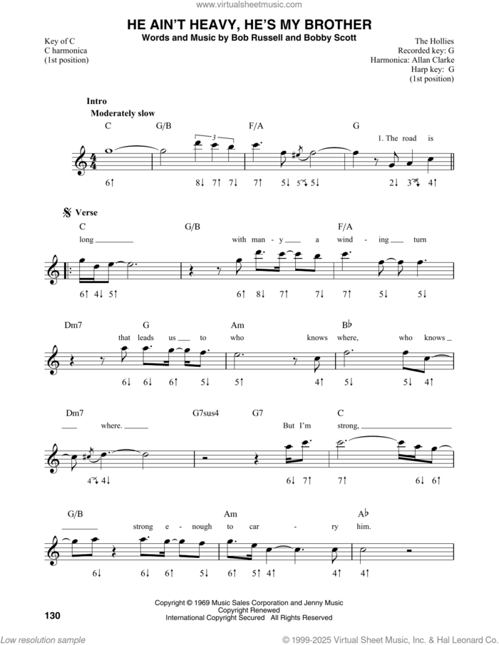 He Ain't Heavy, He's My Brother sheet music for harmonica solo by The Hollies, Bob Russell and Bobby Scott, intermediate skill level