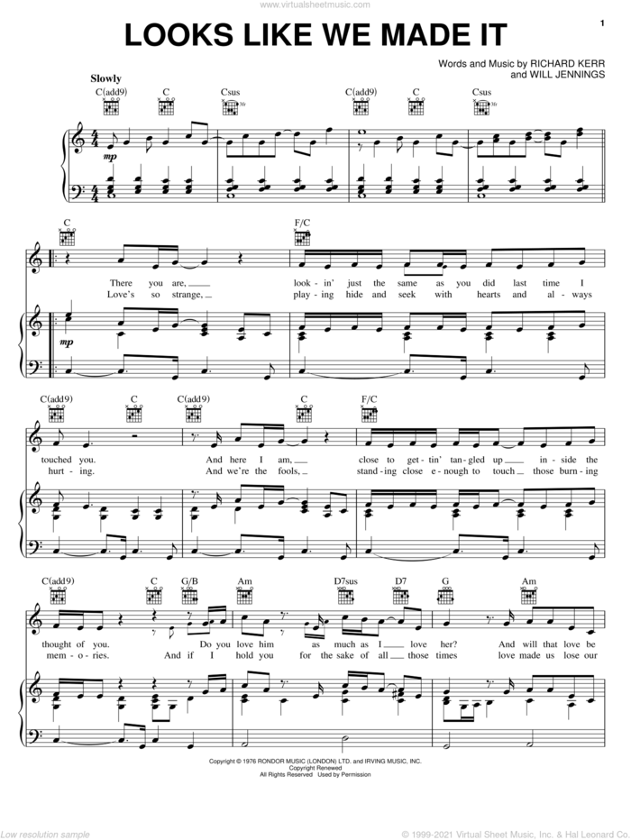 Looks Like We Made It sheet music for voice and piano by Barry Manilow, Richard Kerr and Will Jennings, intermediate skill level