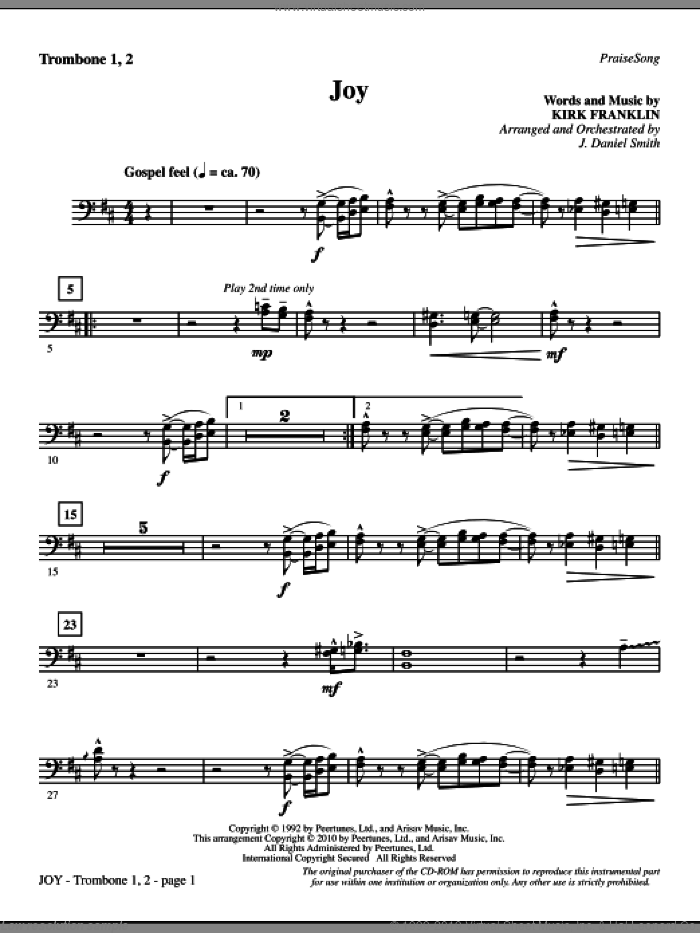 Joy (complete set of parts) sheet music for orchestra/band (Orchestra) by Kirk Franklin and J. Daniel Smith, intermediate skill level