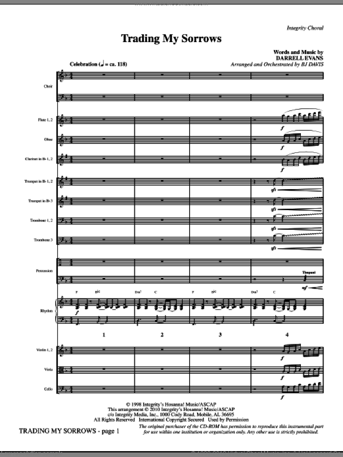 Trading My Sorrows (complete set of parts) sheet music for orchestra/band (Orchestra) by Darrell Evans and BJ Davis, intermediate skill level