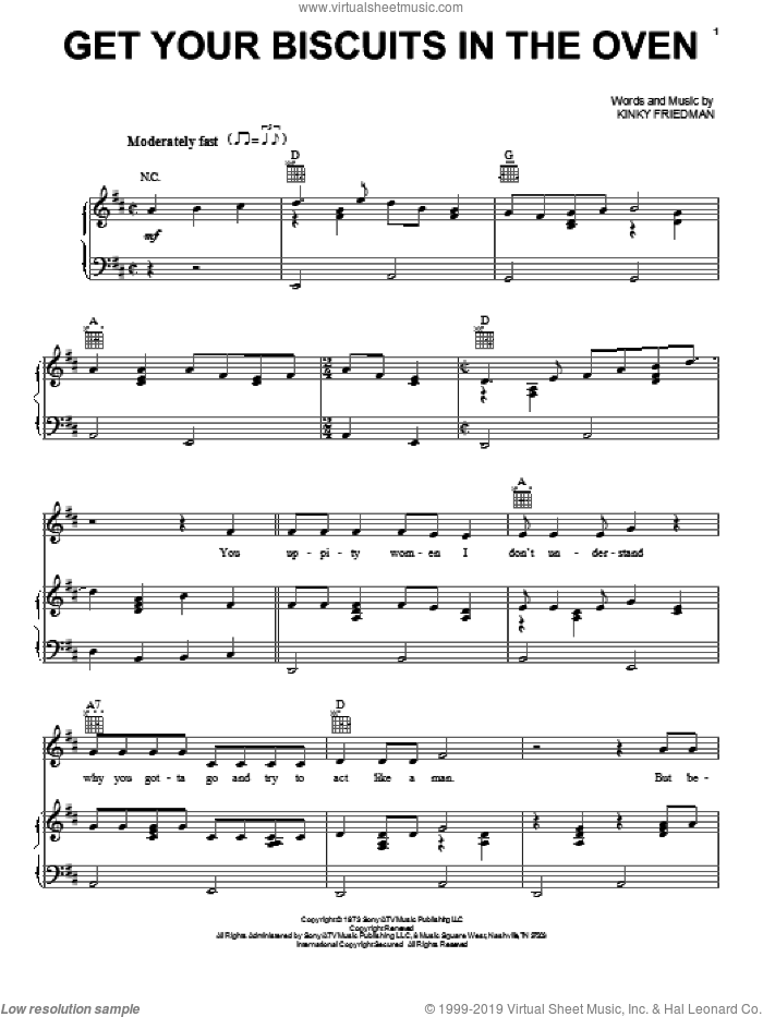 Get Your Biscuits In The Oven sheet music for voice, piano or guitar by Kinky Friedman, intermediate skill level
