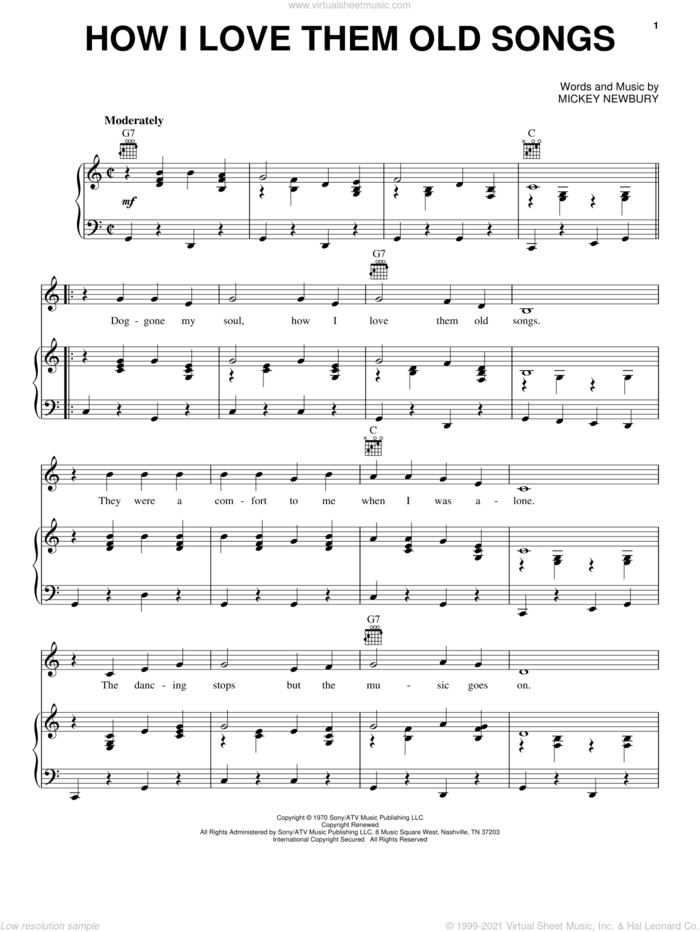 How I Love Them Old Songs sheet music for voice, piano or guitar by Mickey Newbury, intermediate skill level