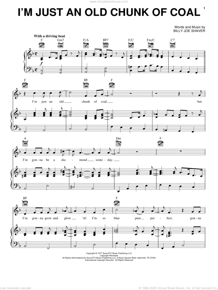 I'm Just An Old Chunk Of Coal sheet music for voice, piano or guitar by Billy Joe Shaver and John Anderson, intermediate skill level