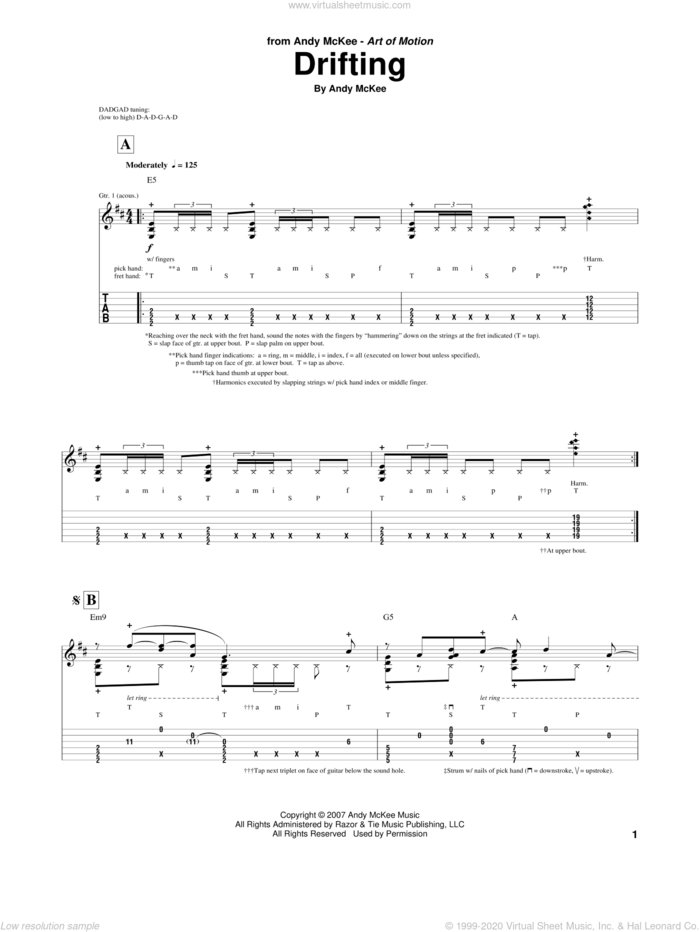 Drifting sheet music for guitar (tablature) by Andy McKee, intermediate skill level