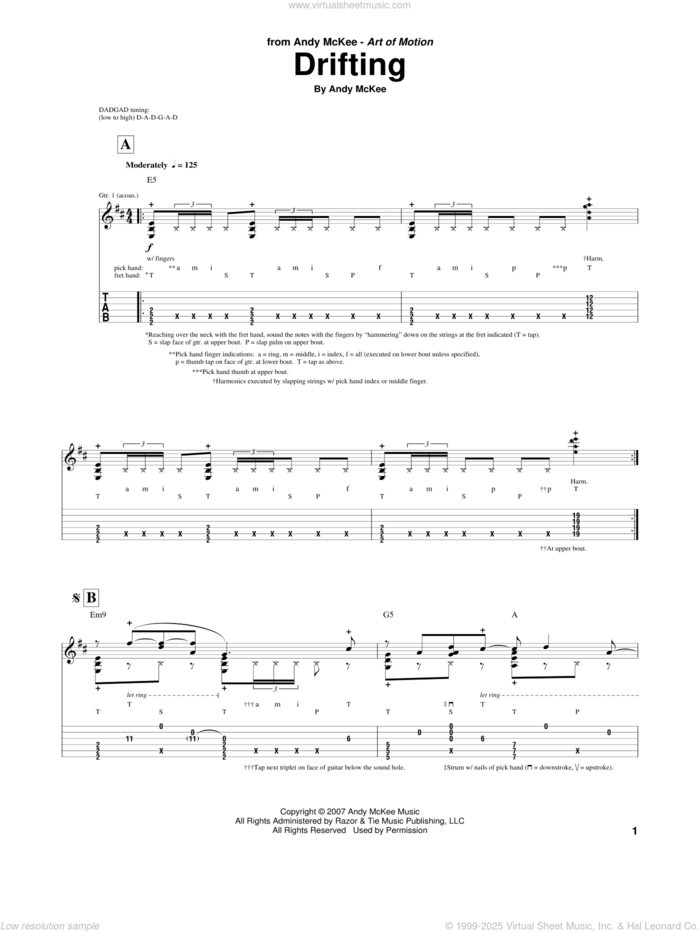 Drifting sheet music for guitar (tablature) by Andy McKee, intermediate skill level