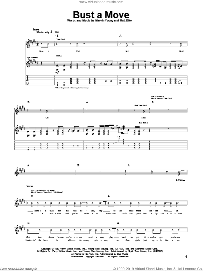 Bust A Move sheet music for guitar (tablature) by Young MC, Miscellaneous, Marvin Young and Matt Dike, intermediate skill level