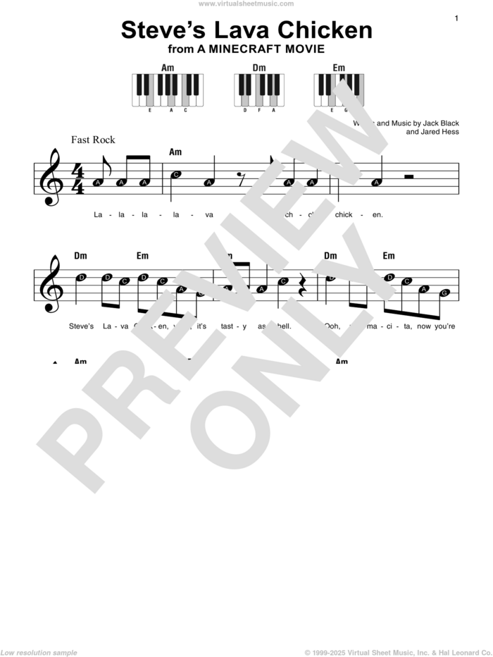 Steve's Lava Chicken (from A Minecraft Movie) sheet music for piano solo by Jack Black and Jared Hess, beginner skill level