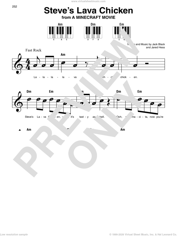 Steve's Lava Chicken (from A Minecraft Movie) sheet music for piano solo by Jack Black and Jared Hess, beginner skill level
