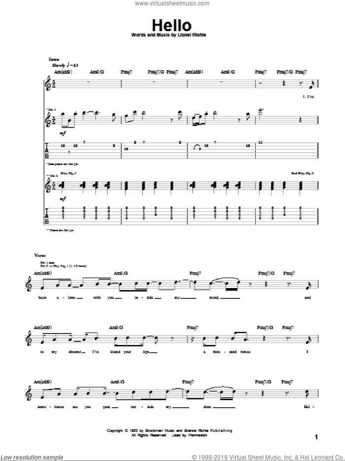 Hello sheet music for guitar (tablature) by Lionel Richie and Miscellaneous, intermediate skill level
