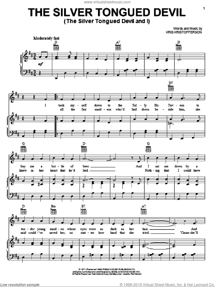 The Silver Tongued Devil (The Silver Tongued Devil And I) sheet music for voice, piano or guitar by Kris Kristofferson, intermediate skill level