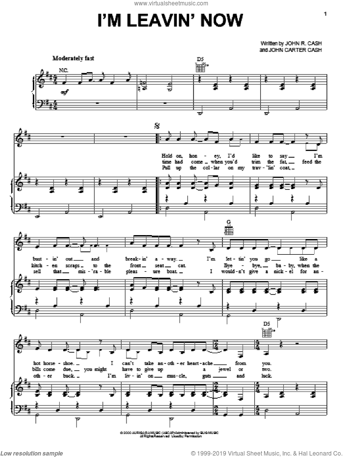 I'm Leavin' Now sheet music for voice, piano or guitar by Johnny Cash and John Carter Cash, intermediate skill level