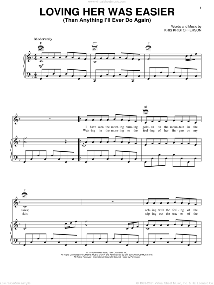Loving Her Was Easier (Than Anything I'll Ever Do Again) sheet music for voice, piano or guitar by Kris Kristofferson, intermediate skill level