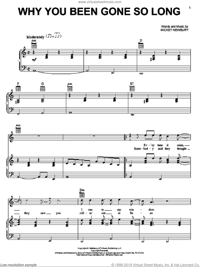 Why You Been Gone So Long sheet music for voice, piano or guitar by Mickey Newbury, intermediate skill level