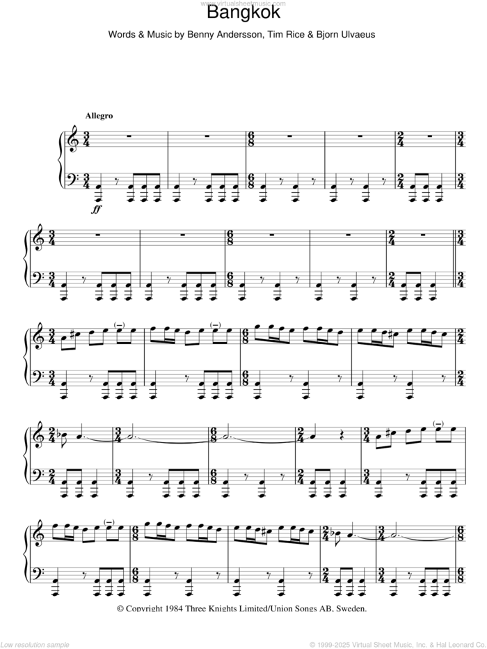 One Night In Bangkok sheet music for voice, piano or guitar by Tim Rice, Chess (Musical), Benny Andersson and Bjorn Ulvaeus, intermediate skill level