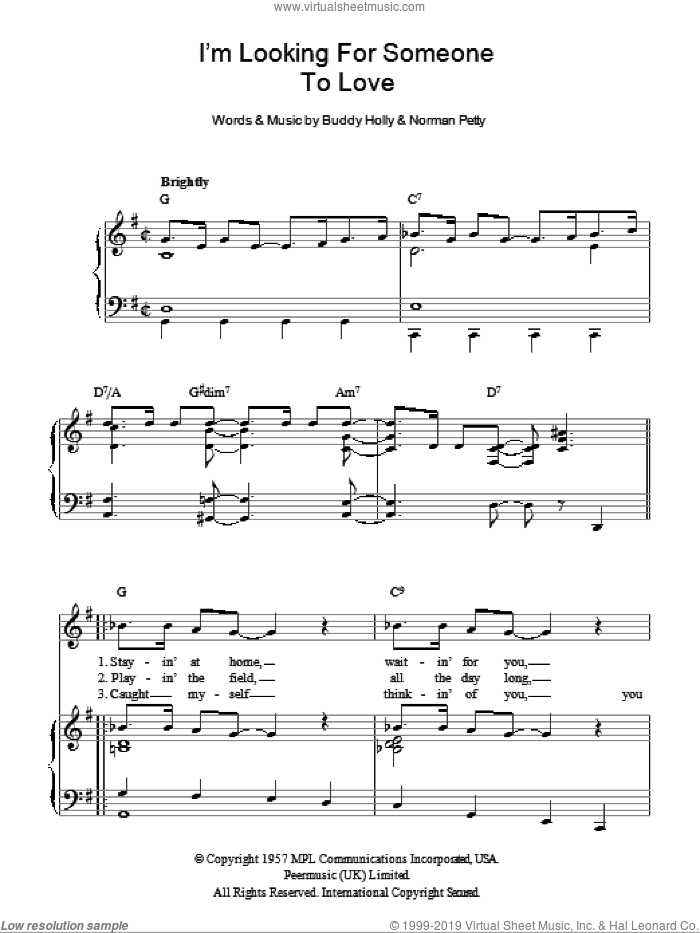 I'm Lookin' For Someone To Love sheet music for voice, piano or guitar by Buddy Holly and Norman Petty, intermediate skill level