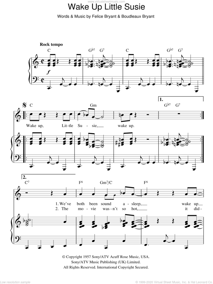Wake Up Little Susie sheet music for voice, piano or guitar by Everly Brothers, Boudleaux Bryant and Felice Bryant, intermediate skill level
