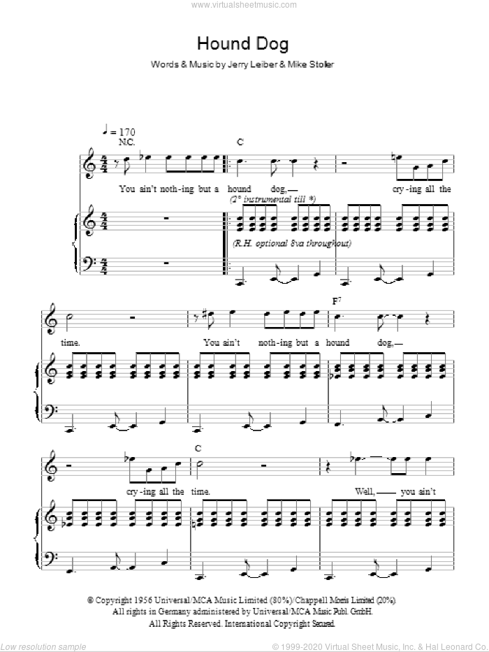 Hound Dog sheet music for voice, piano or guitar by Elvis Presley, Leiber & Stoller, Jerry Leiber and Mike Stoller, intermediate skill level