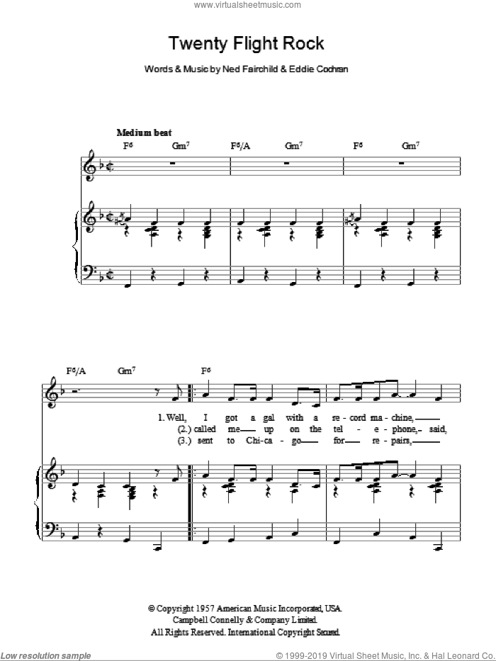 Twenty Flight Rock sheet music for voice, piano or guitar by Eddie Cochran and Ned Fairchild, intermediate skill level