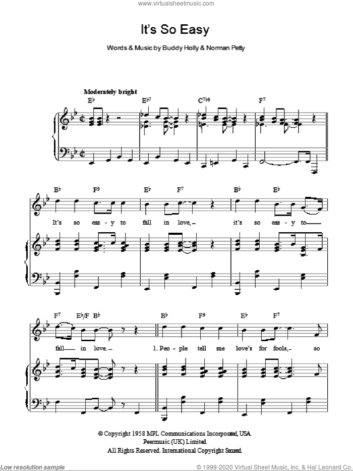It's So Easy sheet music for voice, piano or guitar by Buddy Holly and Norman Petty, intermediate skill level