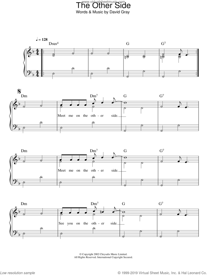 The Other Side sheet music for piano solo by David Gray, easy skill level