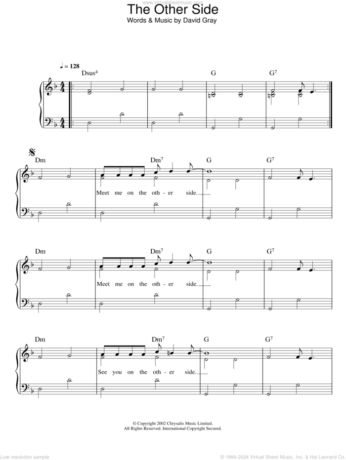 The Other Side sheet music for piano solo by David Gray, easy skill level