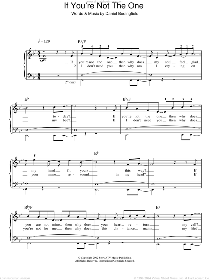 If You're Not The One sheet music for piano solo by Daniel Bedingfield, easy skill level