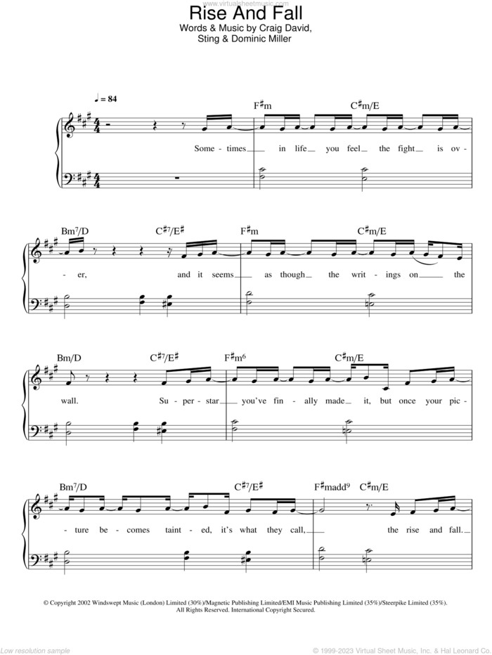 Rise and Fall sheet music for piano solo by Craig David and Dominic Miller, easy skill level