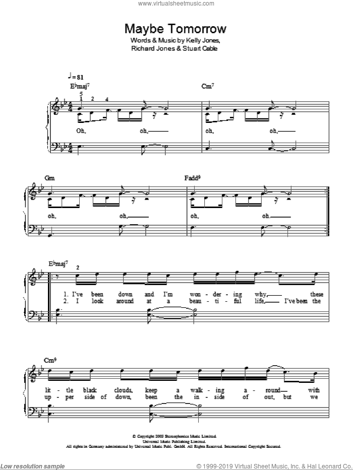 Maybe Tomorrow sheet music for piano solo by Stereophonics, Kelly Jones, Richard Jones and Stuart Cable, easy skill level