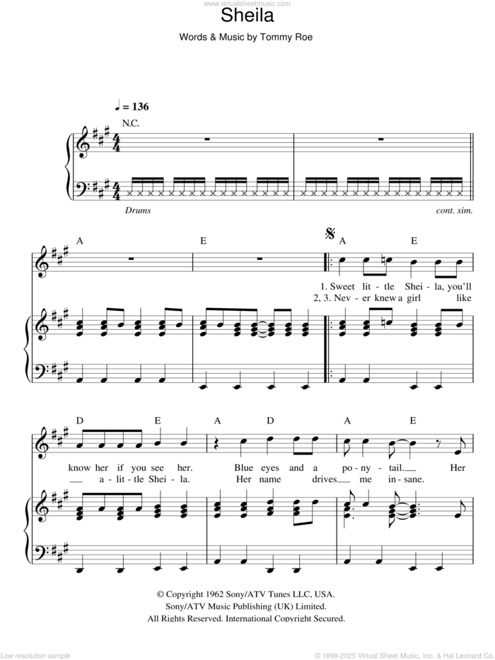 Sheila sheet music for voice, piano or guitar by Tommy Roe, intermediate skill level