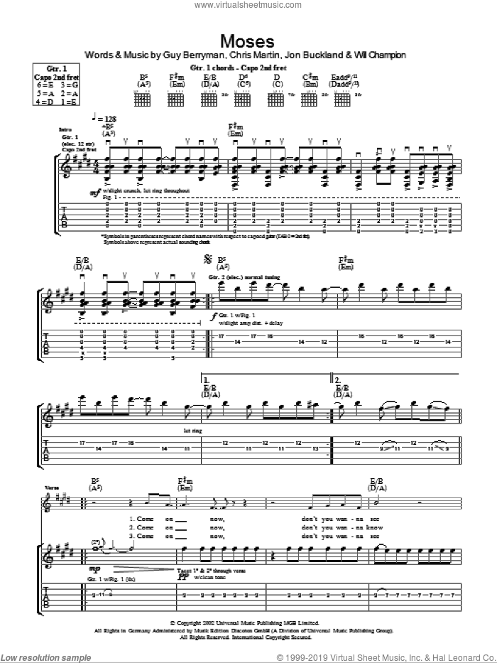 Moses sheet music for guitar (tablature) by Coldplay, Chris Martin, Guy Berryman, Jon Buckland and Will Champion, intermediate skill level