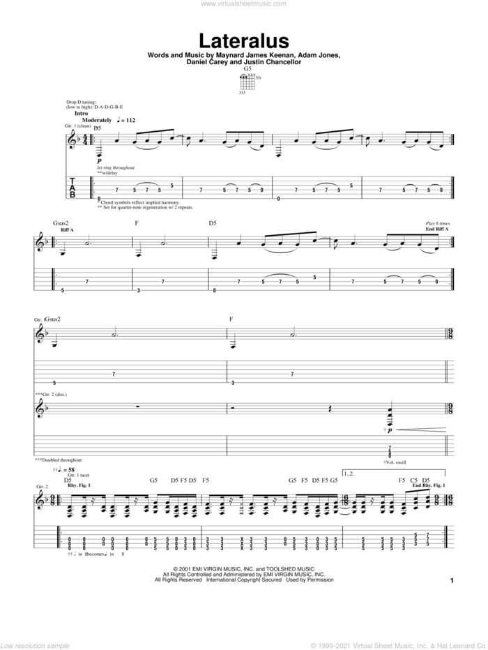 Lateralus sheet music for guitar (tablature) by Tool, Adam Jones, Daniel Carey and Justin Chancellor, intermediate skill level