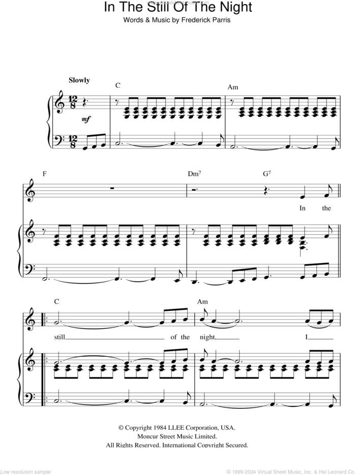 In The Still Of The Night sheet music for voice, piano or guitar by The Five Satins and Frederick Parris, intermediate skill level