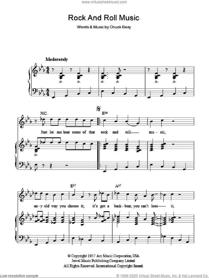Rock And Roll Music sheet music for voice, piano or guitar by Chuck Berry, intermediate skill level
