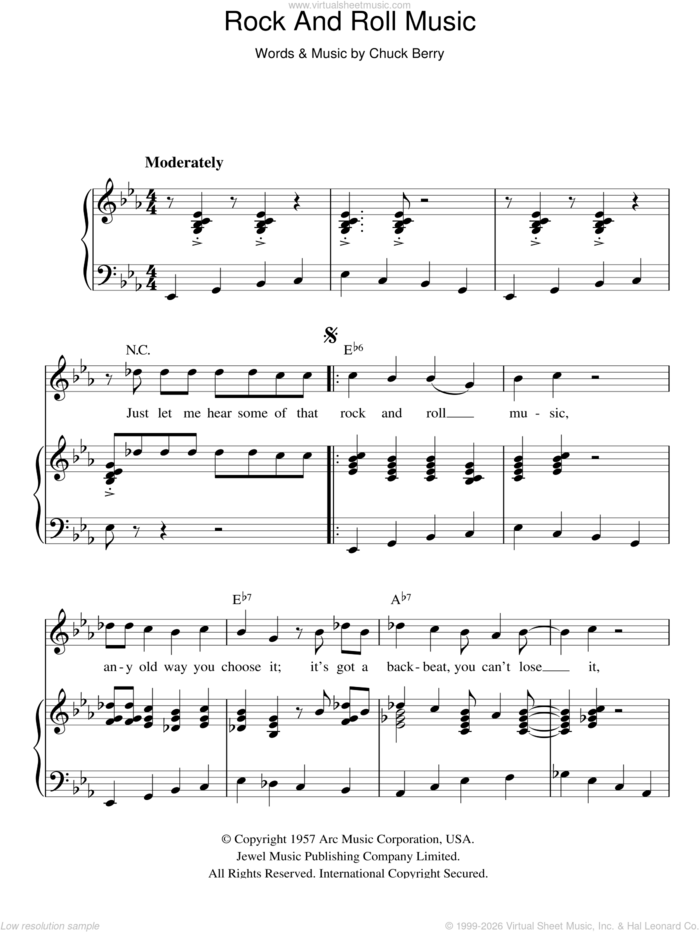 Rock And Roll Music sheet music for voice, piano or guitar by Chuck Berry, intermediate skill level