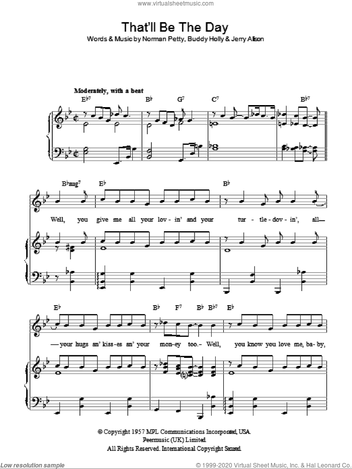 That'll Be The Day sheet music for voice, piano or guitar by Buddy Holly, Jerry Allison and Norman Petty, intermediate skill level