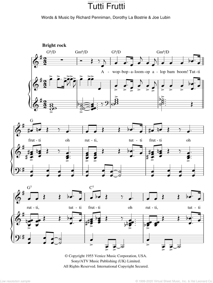 Tutti Frutti sheet music for voice, piano or guitar by Little Richard, Dorothy La Bostrie, Joe Lubin and Richard Penniman, intermediate skill level