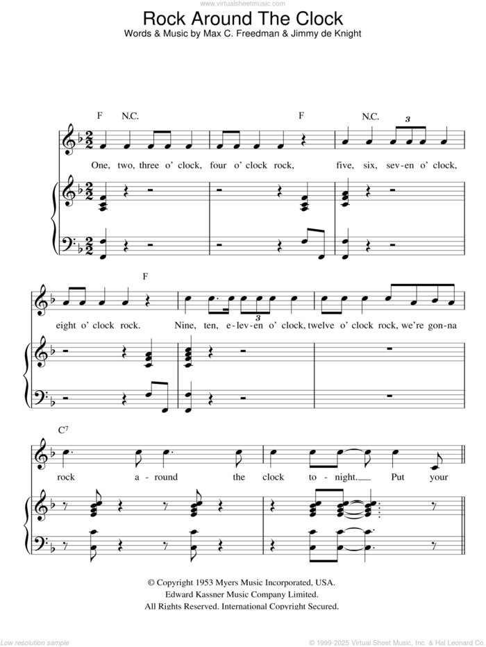 Rock Around The Clock sheet music for voice, piano or guitar by Bill Haley, Jimmy De Knight and Max C. Freedman, intermediate skill level