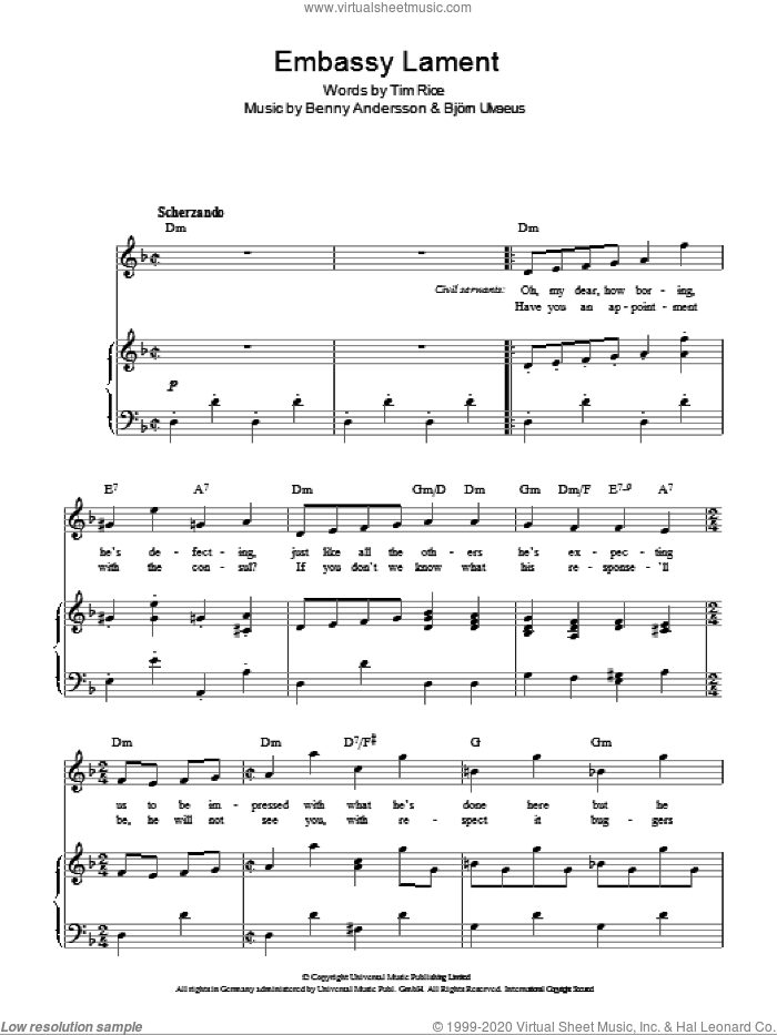 Embassy Lament sheet music for voice, piano or guitar by Tim Rice, Chess (Musical), Benny Andersson and Bjorn Ulvaeus, intermediate skill level