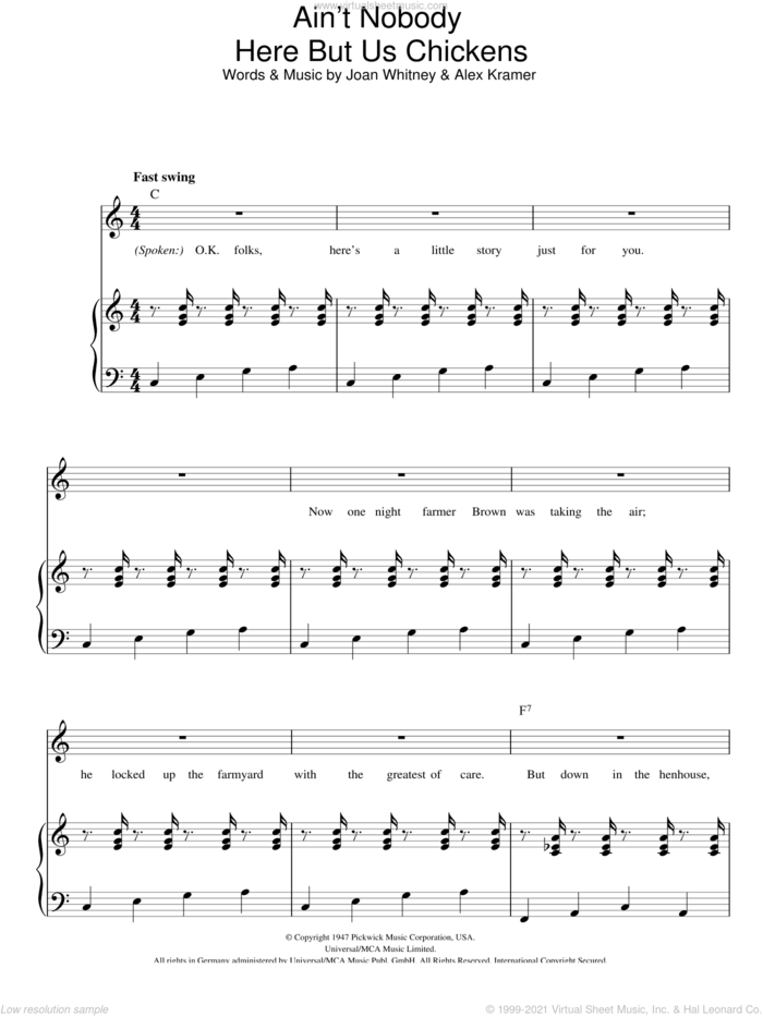 Ain't Nobody Here But Us Chickens sheet music for voice, piano or guitar by Louis Jordan, Alex Kramer and Joan Whitney, intermediate skill level