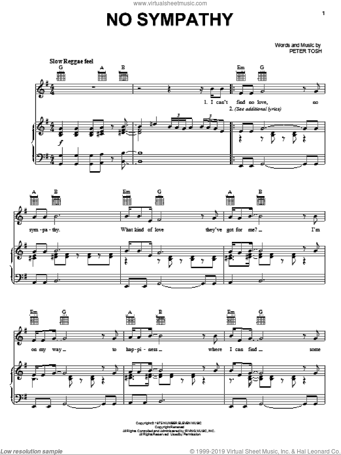 No Sympathy sheet music for voice, piano or guitar by Peter Tosh, intermediate skill level