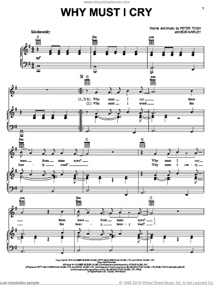 Why Must I Cry sheet music for voice, piano or guitar by Peter Tosh and Bob Marley, intermediate skill level