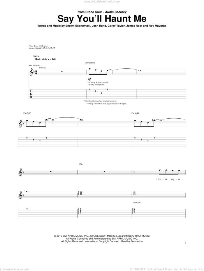 Say You'll Haunt Me sheet music for guitar (tablature) by Stone Sour, Corey Taylor, James Root, Josh Rand, Roy Mayorga and Shawn Economaki, intermediate skill level